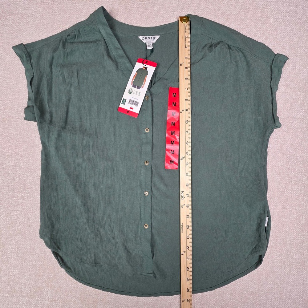 Orvis Womens Green Short Sleeve Button Up Blouse Crinkle Texture Top Medium NEW - Picture 4 of 9